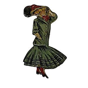 Antique Flapper Lady Stick Pin Jewelry Green Dress Suit Big Hat Thin Metal 7721